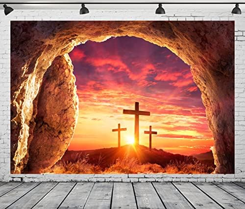 БЕЛЕКО 7х5фт Ткаенина Велигден Исус Крст Пештера Позадина Исус Христос Празна Гробница Три Крстови Рид Изгрејсонце Зајдисонце Позадина