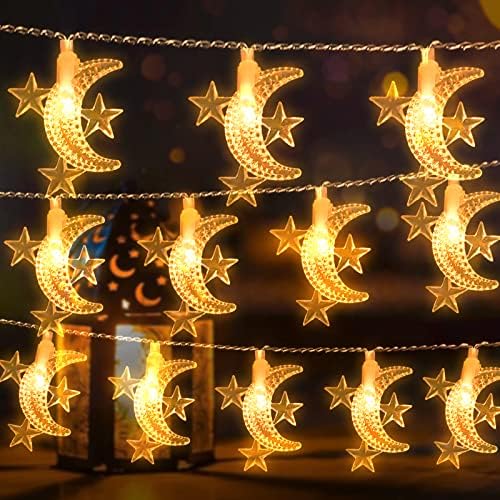 Acelist 20ft 40LED Moon & Star Fairy Lights - топли светла со бели жици, батерија и USB напојувани, 2 режими, за детски соби, градини, кампување, балкон, празници, забави, свадби, подароци, д