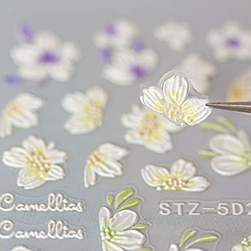 Налепници за уметност од 5 -та цвеќе, Daisy/Tulip/Camellia врежани нокти за нокти дизајн за жени