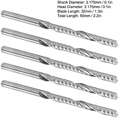 5 парчиња права завршна мелница 3,175x3.175x32x55mm волфрам челик спирален ендејл Единечен флејта спирално мелење на сечење алатка за сечење