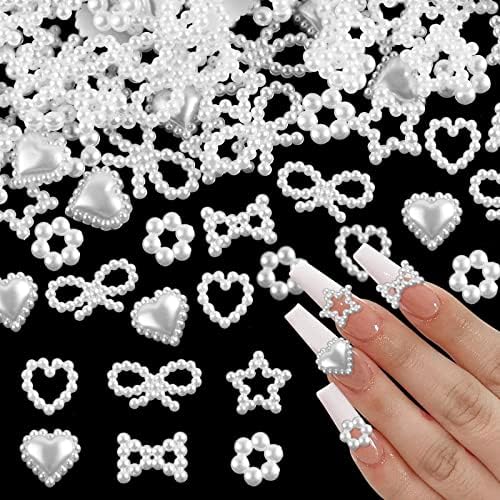 600 парчиња бели бисери 3Д привлечни нокти повеќе облици на срцев лак starвезда на ноктите уметнички шарми мешани акрилни бисери