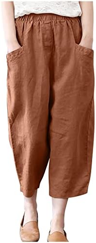 Постелни панталони Chgbmok за жени Капри Баги салон Пант со џебови памук цврста боја долга панталона палацо панталони