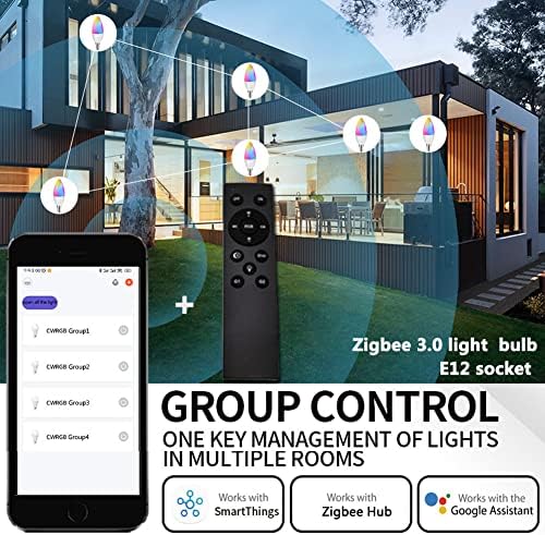 Chener Zigbee Smart Сијалица E12 LED Candelabra 5W Со Далечински Управувач, Свеќа Бела &засилувач; Боја Амбиент, Работи Со Zigbee Центар, SmartThings, Алекса &засилувач; Google Дома, Глас &засилува