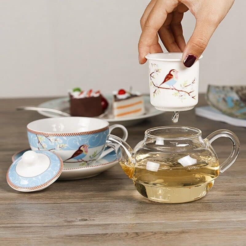 YBK Tech стакло чајник со убава цедалка за инфузери во Кина, Купа за шема на среќни птици и сет за чинија, чајник и чај за една