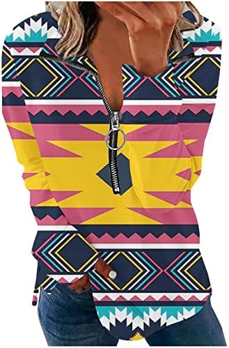 Ацтеките врвови за жени западно етнички гроздобер графичка маичка, обична половина патент до долга ракав Туника врвови плус блузи со големина