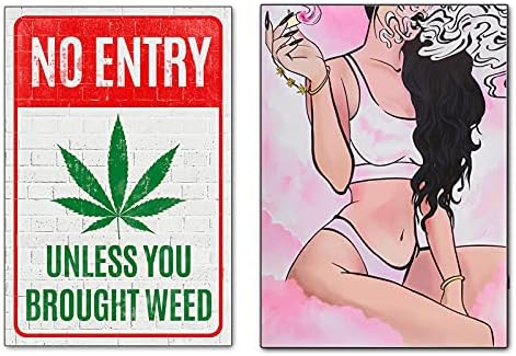 ABCTEC 2PCS Roller Smoker Wall Art Print, Weed Posters, Pink Stoner Girl, Pothead додатоци, Cannabis Art, Marihuana, 420 подароци, нерасположени