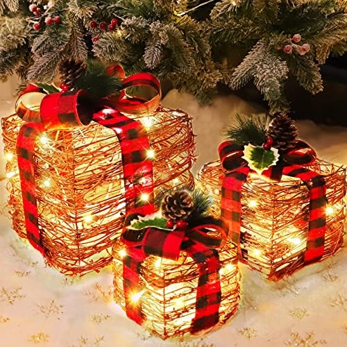 [Екстра големи 10 -8 -7 ] 3 Пакувања Божиќни осветлени ратан кутии за подароци Декорации прелитни 60 LED приклучок во топло бело светло
