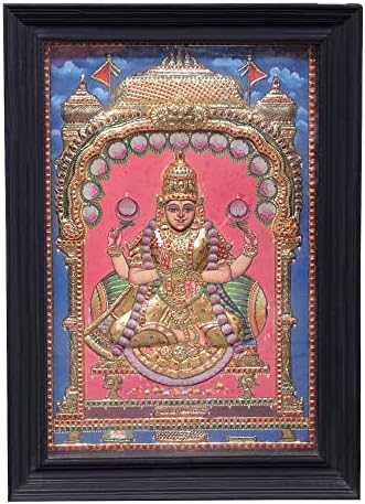Егзотична Индија божица Лакшми седеше на престол Танјоре Сликање | Традиционални бои со 24к злато | Teakwood Fram
