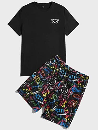 Lubose Облека со две парчиња за мажи мажи со цртан филм графички мета и шорцеви за половината за влечење
