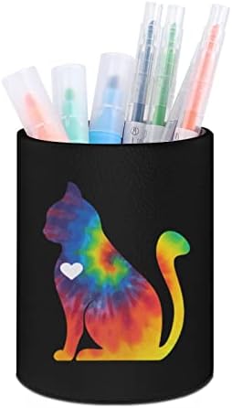 Врзана боја мачка со срцев тркалезен пит кожен држач за држачи за држачи за складирање на контејнери за молив за молив, кутија