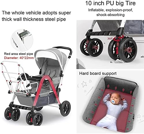 Двоен шетач на тандем Вигселбл за новороденче и дете, лесен шетач со близнаци со алуминиумска рамка и корпа за складирање, шетач