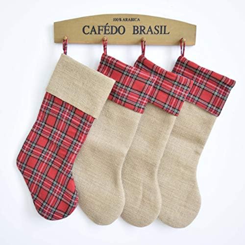 Gireshome 4 пакувања Божиќни чорапи, 18 инчи големи дебели црвени карирани или јута, луксузни чорапи подароци за семеен празник Божиќна забава украс мантел украс