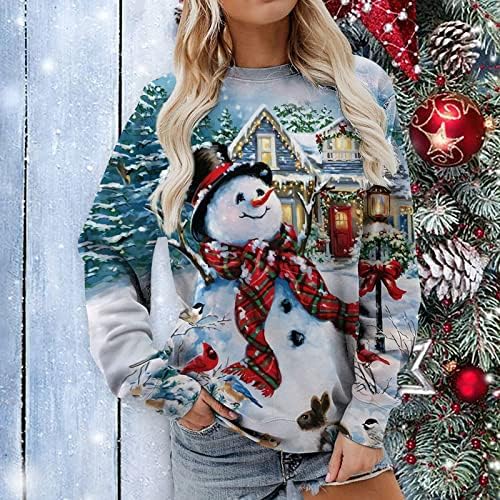 Дуксер За Жени Среќен Божиќ Симпатична Смешни Снешко Графички Пуловер Блузи Обичните Долги Ракави Џемпер Кошули
