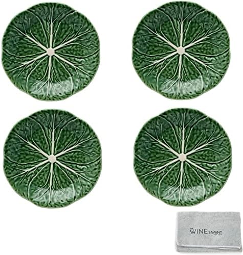 Bordallo Pinheiro зелена зелена чинија за десерт сет од 4 со крпа за чистење на микрофибер - гурмански кујнски презентација зелена салата што