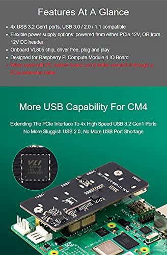 PCIE до USB адаптер 4X USB 3.2 Gen1 порта компатибилни со USB 3.0/2.0/1.1 картичка за експанзија за Raspberry Pi Compute Module 4 IO табла, напојувана
