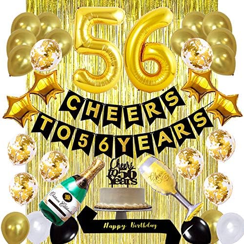 Злато 56-Ти Роденден Украси Комплет, Навива За 56 Години Банер Балони 56-та Торта Топер Роденден Појас Злато Ламба Фолија Раб Завеси за
