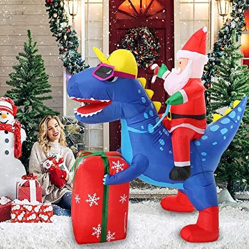 Декалари 6ft Надуени украси за Божиќни двор, Дедо Мраз возење диносаурус со подарок, надувување Декорација на Дедо Мраз вградена LED светло