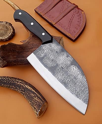 Рачно изработен јаглероден челик српски грмушка, чистач, кујнски кујнски готвач, нож за нож Микарта, доаѓа со кожна обвивка DWA2185