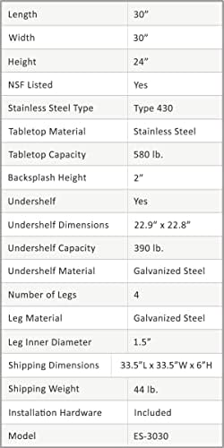 Амгуд 30 x 30 држач за опрема од не'рѓосувачки челик | Висина: 24 | Комерцијална табела за скара за тешки работи