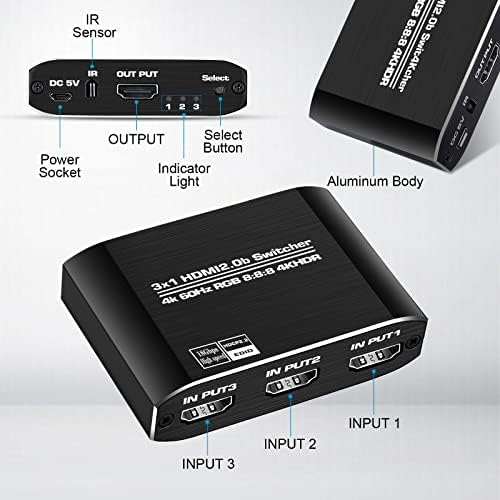 Switch Care HDMI 2.0B 3 во 1 OUT 【со голема брзина 3,9 ft HDMI кабел】, прекинувач за селекторот 3x1 HDMI со далечински управувач,