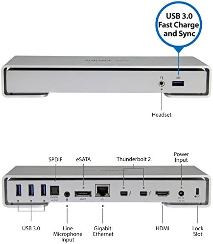 Startech.com Thunderbolt 2 Dock - 4K - станица за докинг на лаптоп - Thunderbolt до HDMI / USB 3.0 / Gigabit Ethernet / Esata, сребро