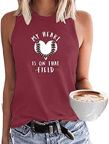 Моето срце е на тие теренски кошули за жени резервоари на тенк смешни слатки бејзбол печатени летни резервоари за кошула без