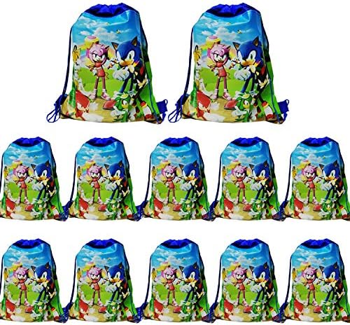 Soparty 12 Pack Blue Cute Sonic Sonic Clatstring торби, 14 инчи *11 инчи Sonic подароци торби за складирање ранец роденден роденденски