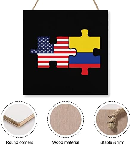Загатка со знамиња на САД и Колумбија, виси дрвени плакети со јута јаже дрвени знаци на список за врата Персонализирани дрвени парчиња транспаренти