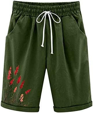 Womenените летни шорцеви лабави постелнина панталони цветни графички шорцеви за печатење на коленото, пот, потта, панталони, панталони