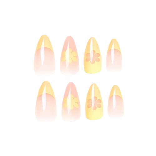 Бадеми Лажни Нокти Краток Целосен Капак француски Жолти Цветови Лето Притиснете На Ноктите 24 Парчиња Совети За Уметност На Ноктите За Салони За Нокти И Женска Умет