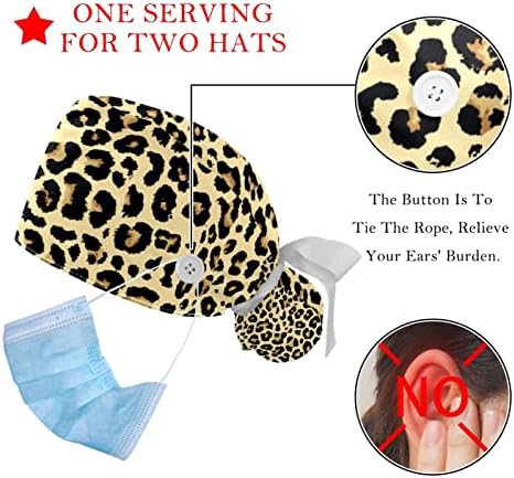 2 пакувања леопард шема на медицинска сестра за чистење жени долга коса, прилагодлива вратоврска череп капа, една големина на главата на