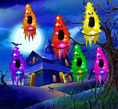Декорации за Ноќта на вештерките Духови капа на отворено, 6 парчиња висат осветлени блескави украси на духови украси Ноќта на вештерките светла жица батерија опери