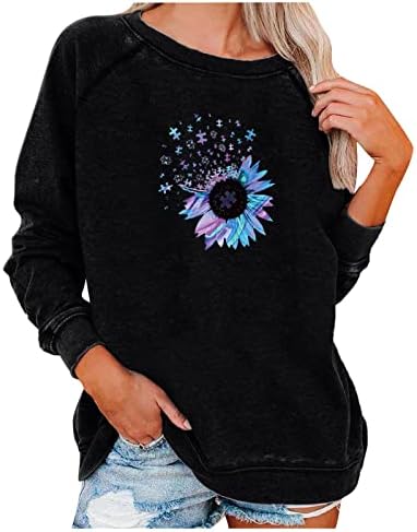 Женски обичен џемпер со долги ракави гроздобер графички печатено лабава лабава маици Основни екипаж вратот пулвер Туника врвови