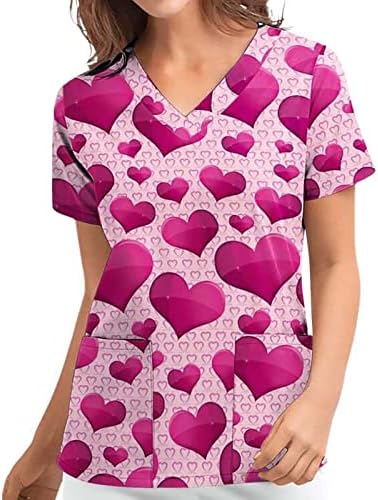 Лето Scrub_Tops За Жени Насекаде Срца Печати Медицинска Сестра Работна Облека V Вратот Краток Ракав Блузи Со Џебови