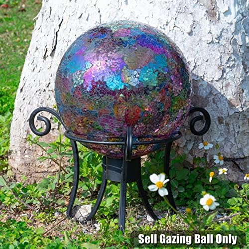 Vcuteka gazing топка, iridescent испукана стаклена мозаик, гледајќи топки сфера за градинарски тревник на отворено украсен двор декоративен, 10-инчен, виолетова
