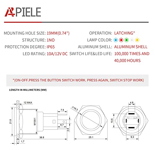 Apiele 10 Amp 19mm Latching Push Switch 12V SPST LED водоотпорен водоотпорен црна обвивка околу само-заклучување 1NO
