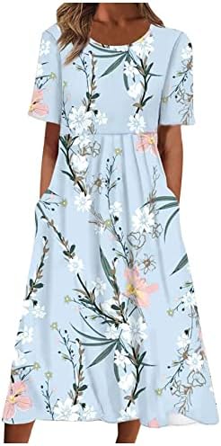 Bdporkas женски цветни печатени летни фустани со краток ракав, тркалезен врат, плетенка, линија на бохо фустан со џебови