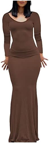 Работа плус фустани со големина за жени со цврста боја на жени V вратот секси долги ракави без грб се вклопуваат долго плус големина ден