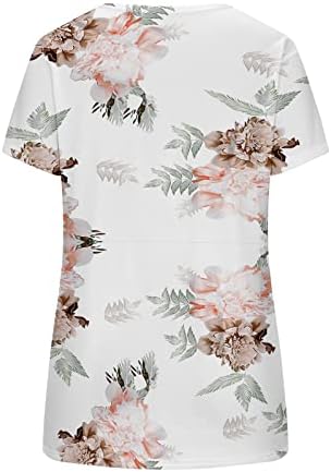 Блузи со цветни печатени цвеќиња за жени со кратки ракави за кратки ракави, фрлајќи деколте за вратот на вратот, блуз маички