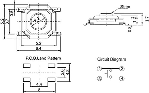 Индустриски прекинувачи на Heimp 12V 5.2 * 5.2 * 1,7 mm 12V 0,5A 4 пин SMT Push копче за копче метал тактилен микро тактичен прекинувач на бакар 4 * 4 прекинувачи Sunzhi (боја: сребро, големи