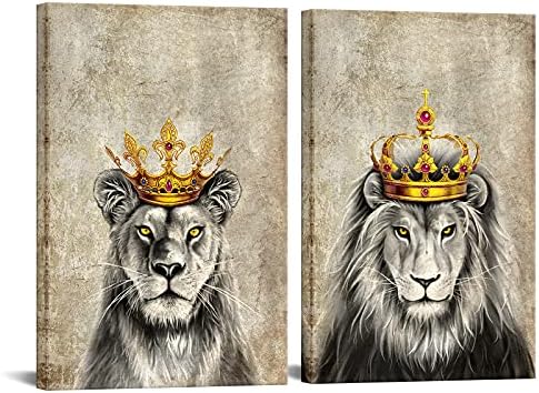 Duobaorom 2 парчиња кралско животно платно wallидна уметност лавов и лавовица златна круна романтична двојка уметнички дела