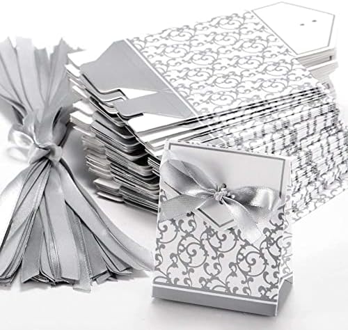 Купоу 50 парчиња кутии за бонбони, сребрена лента за свадбени кутии за слатки торби торта кутија за декорација на свадбени забави
