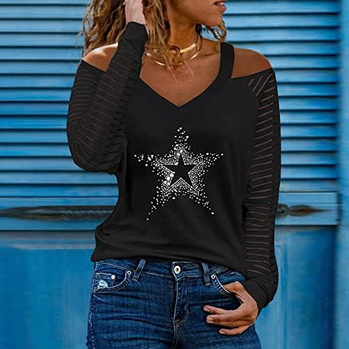 Црна starвезда опуштена вклопена маичка за женски мрежи со долги ракави ладно рамо V вратот без грб, заптивки на врвови на врвови на врвови, кошули дами l