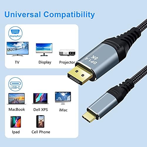 USB Type C to DisplayPort Cable, 4K 8K USB тип C за да се прикаже Dongle Cable 4K@144Hz/120Hz 2K@240Hz компатибилен со ТВ, MacBook Pro/Air,