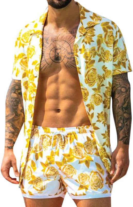 Мажите летни модни костуми Ориентација за слободно време печатено сет на хавајски копче за плажа со кратки обични костуми од 34 -ти 34