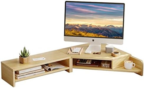 Litaitai L-форма во форма на L, агол биро бел триаголник монитор штанд, полица за десктоп со метална нозе од дрво, со лаптоп лаптоп за складирање