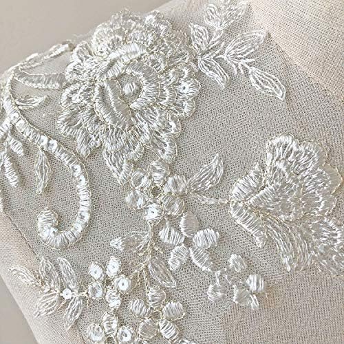 1 пар надвор од бело злато раб чипка Апликација мотив со цвеќиња за венчање за венчавка со секвентно огледало пар невестинска чипка за лепенка за облека за фустан