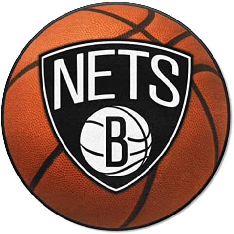 FanMats 10204 Бруклин Нетс кошарка во форма на кошарка - 27in. Дијаметар, дизајн на кошарка, килим за акцент на спортски фанови