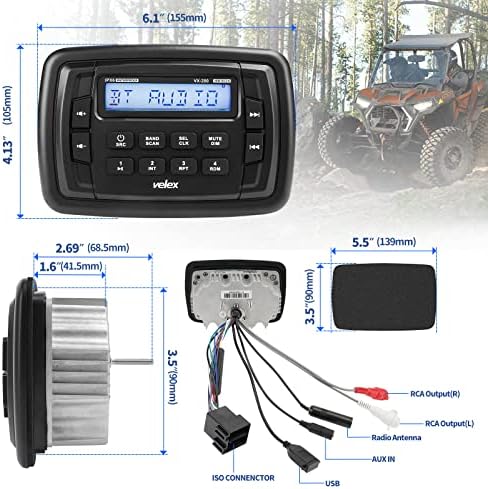 Velex Powersport Marine Stereo Radio Am FM Tuner Stereo 4 x 45W Bluetooth стриминг UTV ATV