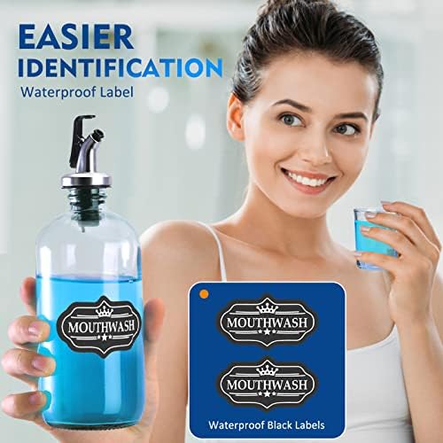 Mouthwash Dispenser for Bathroom, 2 Pack Mouth Washer Decanter Sets, Refillable Bottle Container with Pour Spouts, Reusable Застрелан Glass Cups, Wall-Mount Cup Holders, Labels, Stainless Steel Funnel